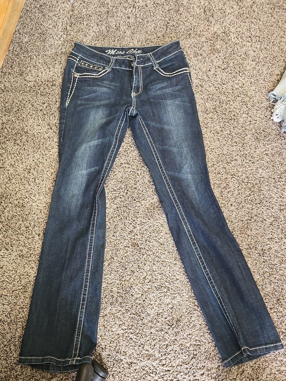 Miss Chic Jeans Dark Blue Boot Cut Jeans with Contrast Stitching